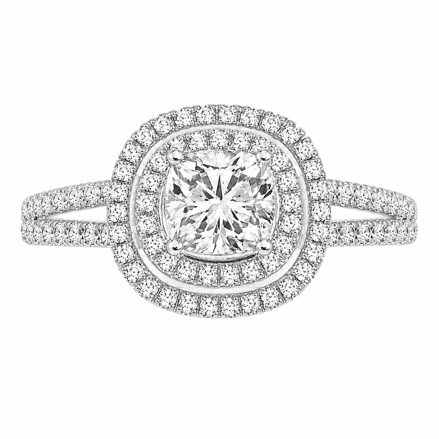 Livia 1.36 ct Lab Grown Round Cut Double Halo Pave Diamond Engagement Ring