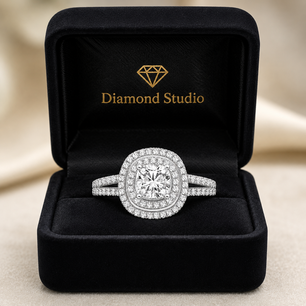 Amelie 2.86 ct Lab Grown Round Cut Double Halo Pave Diamond Engagement Ring