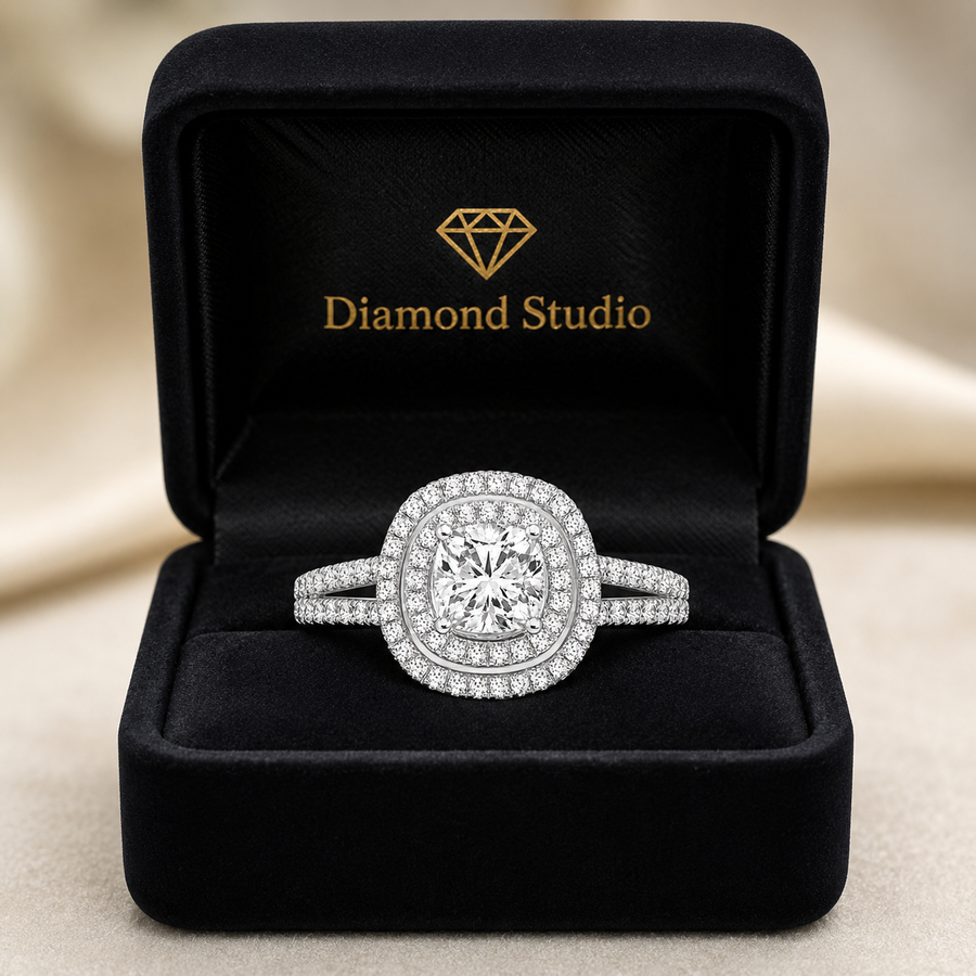 Livia 1.36 ct Lab Grown Round Cut Double Halo Pave Diamond Engagement Ring