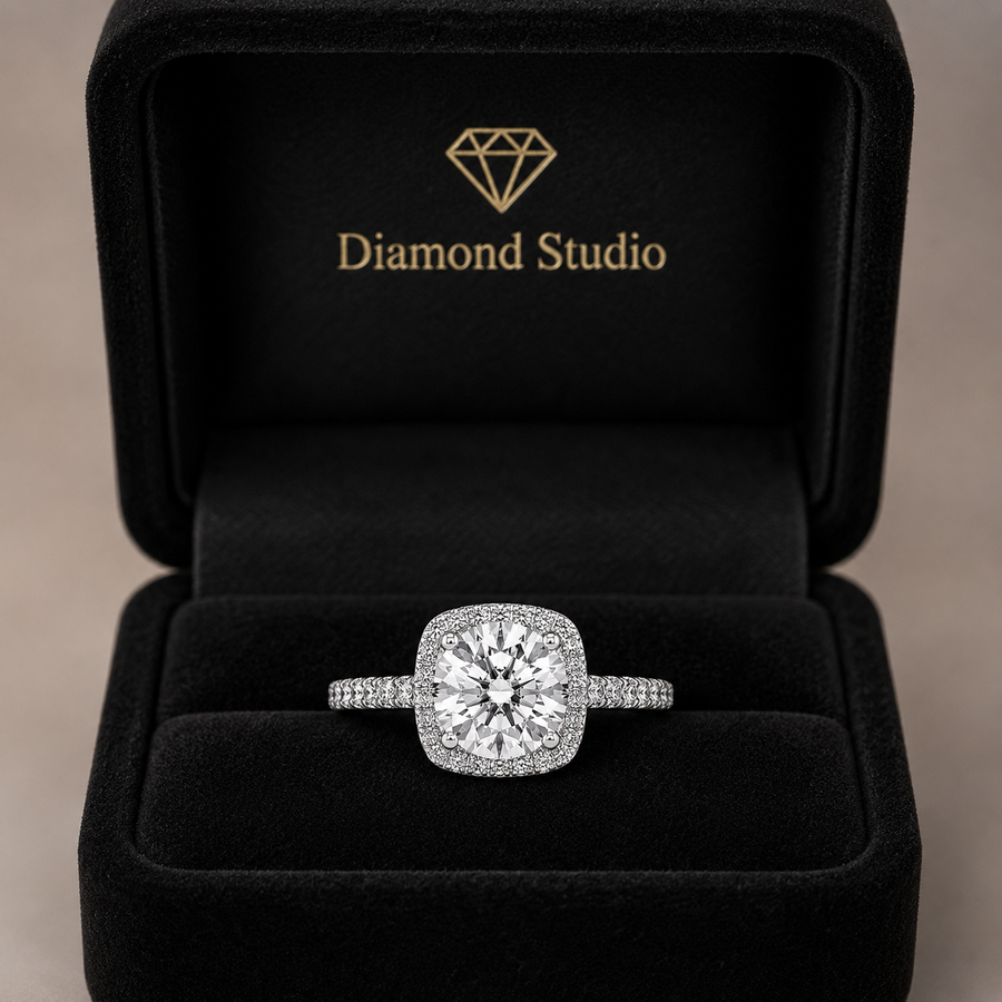 Amelie 1.7 ct Lab Grown Round Cut Pave Halo Diamond Engagement Ring