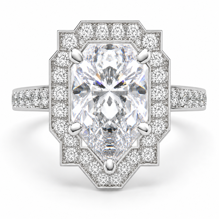 Amalia 7.5 Carat Pear Cut Halo Pave Engagement Ring
