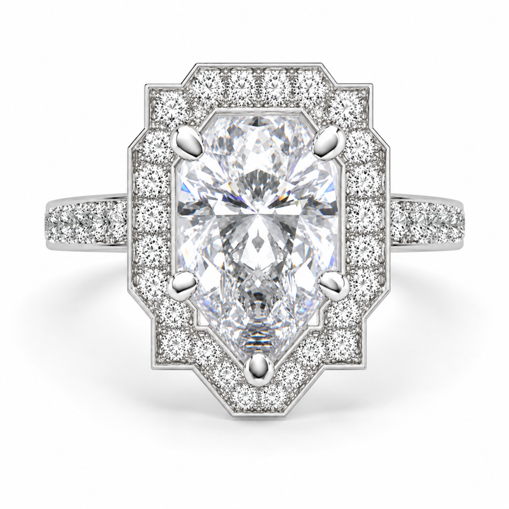 Amalia 6.5 Carat Pear Cut Halo Pave Engagement Ring