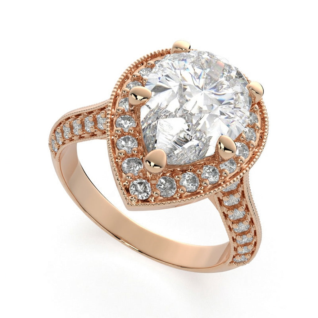 Beatrice 3.45 Carat Pear Cut Halo Pave Knife Edge Milgrain Engagement Ring