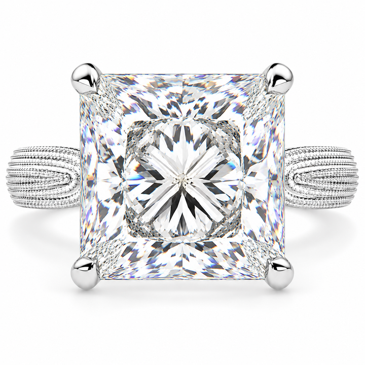 Valentina 7 Carat Princess Cut Solitaire Tapered Milgrain Engagement Ring
