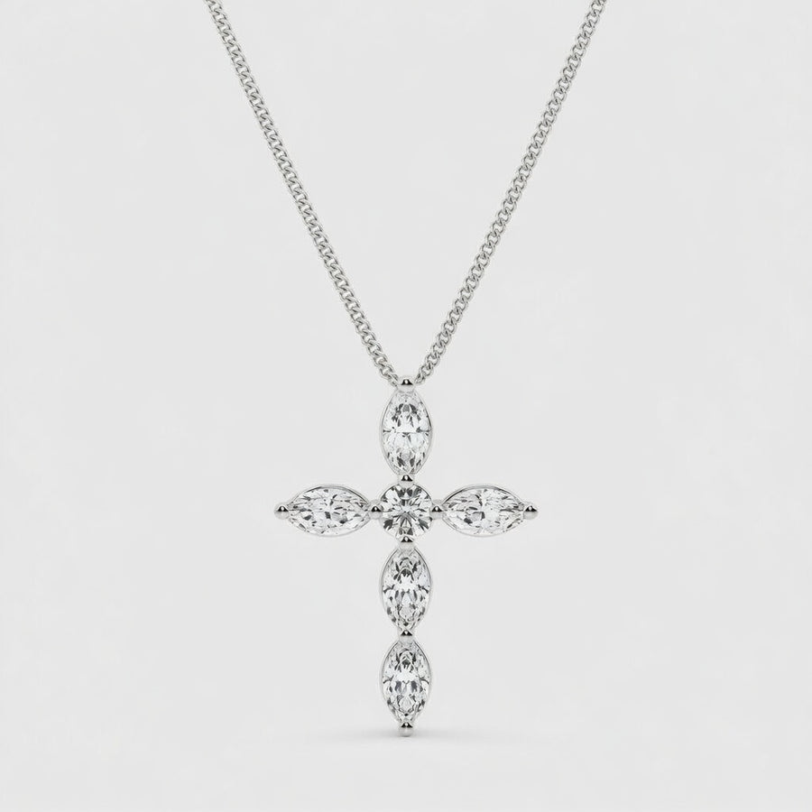 14K White Gold Marquise & Round Lab-Grown Diamond Cross Pendant (1.00 CTW – D–F / VS1–VS2)