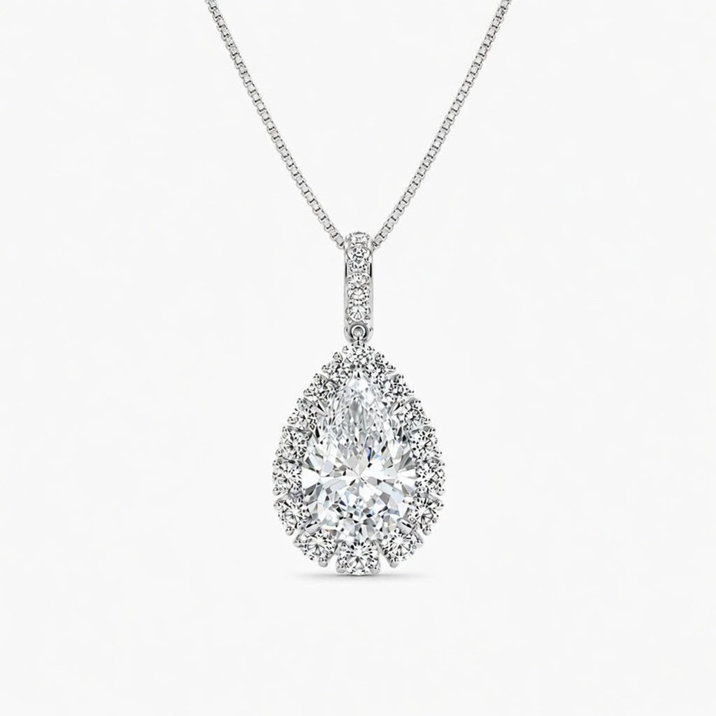 2.00 Carat Pear Cut Lab-Grown Diamond Halo Pendant VS1 D-F 14K White Gold with Adjustable Chain
