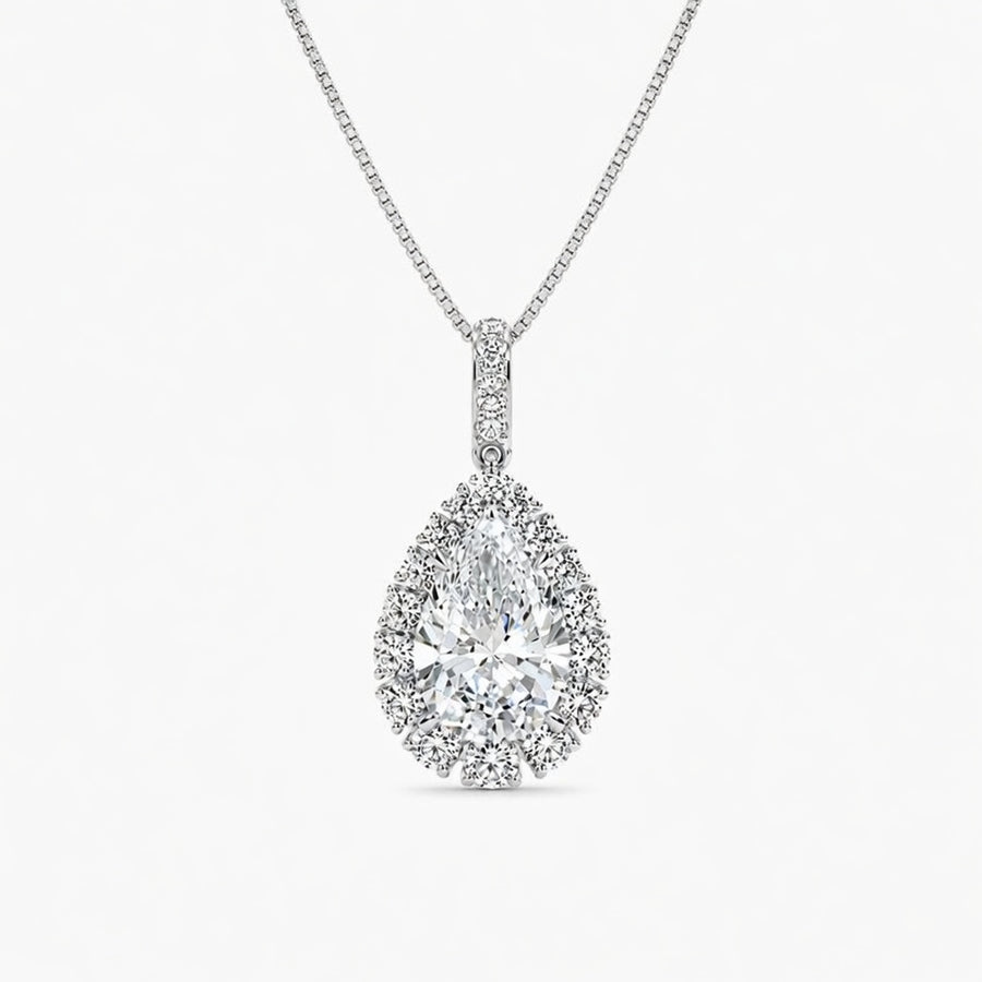 2.00 Carat Pear Cut Lab-Grown Diamond Halo Pendant VS1 D-F 14K White Gold with Adjustable Chain