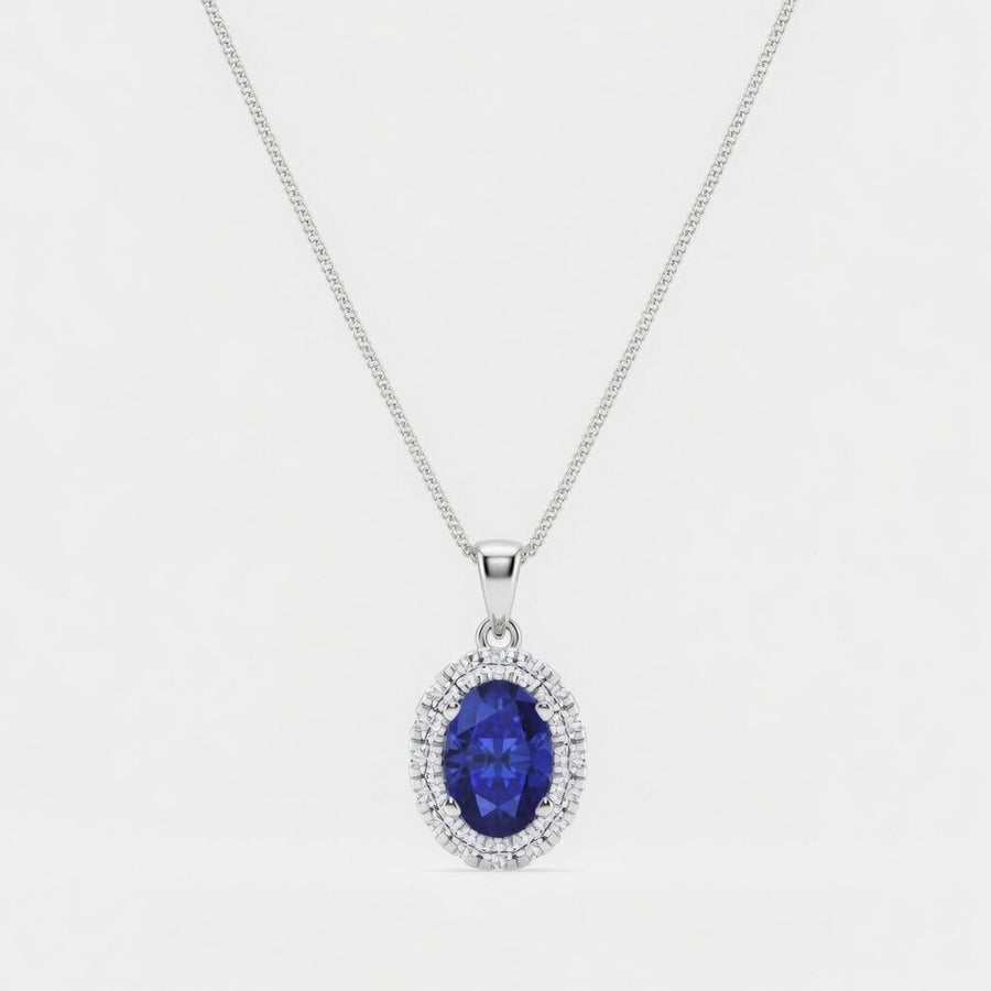 1 CTW Round Lab Grown Diamond Halo Pendant with 7.9x5.53 mm Oval Created Sapphire & Adjustable Chain