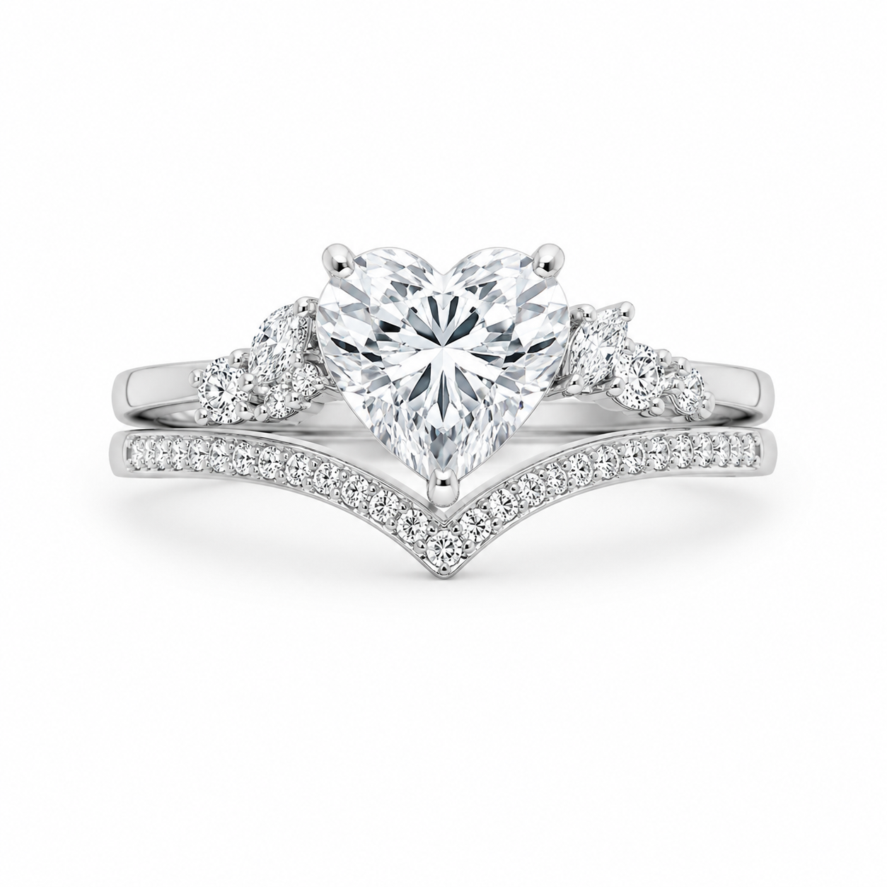 2.50 CT Heart Cut Lab-Grown Diamond 2PCS Bridal Set in 14K White Gold – Cluster Engagement Ring with V-Shaped Wedding Band