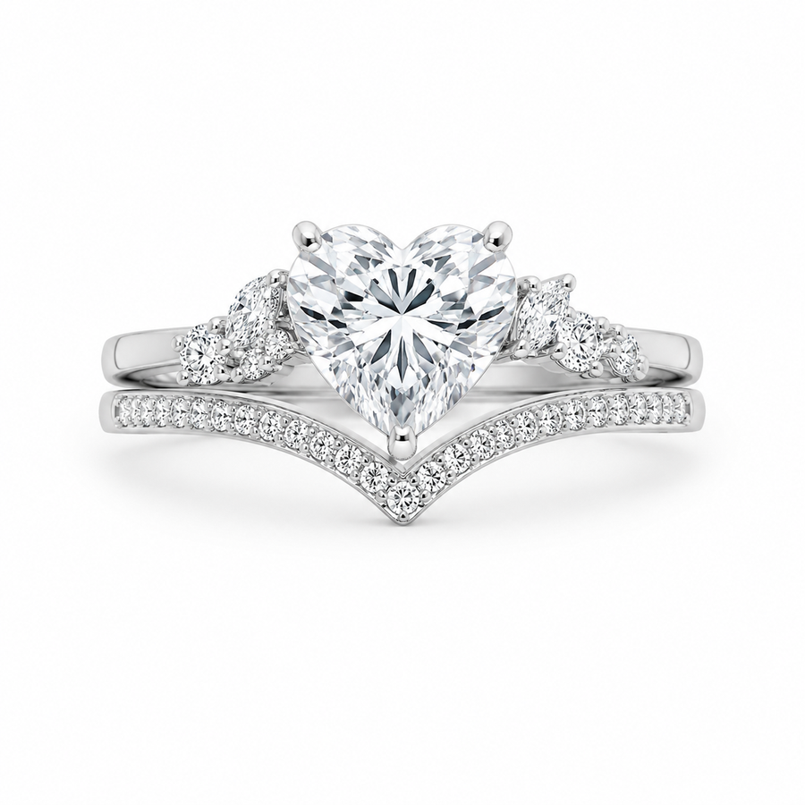 2.50 CT Heart Cut Lab-Grown Diamond 2PCS Bridal Set in 14K White Gold – Cluster Engagement Ring with V-Shaped Wedding Band