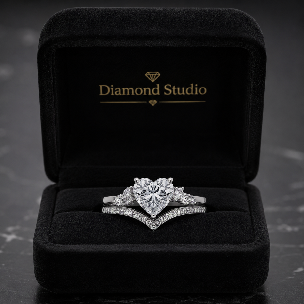 2.50 CT Heart Cut Lab-Grown Diamond 2PCS Bridal Set in 14K White Gold – Cluster Engagement Ring with V-Shaped Wedding Band