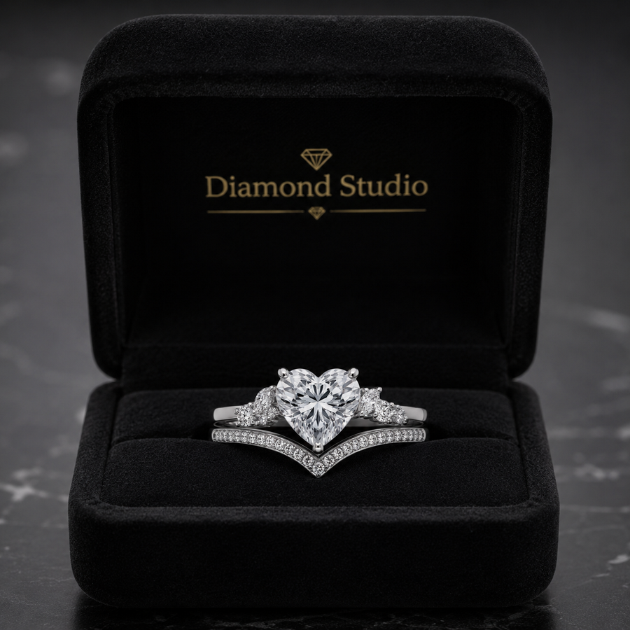 2.50 CT Heart Cut Lab-Grown Diamond 2PCS Bridal Set in 14K White Gold – Cluster Engagement Ring with V-Shaped Wedding Band