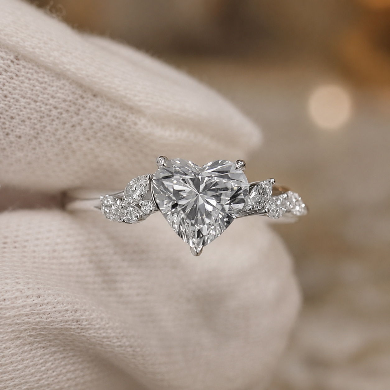 2.50 CT Heart Cut Lab-Grown Diamond 2PCS Bridal Set in 14K White Gold – Cluster Engagement Ring with V-Shaped Wedding Band