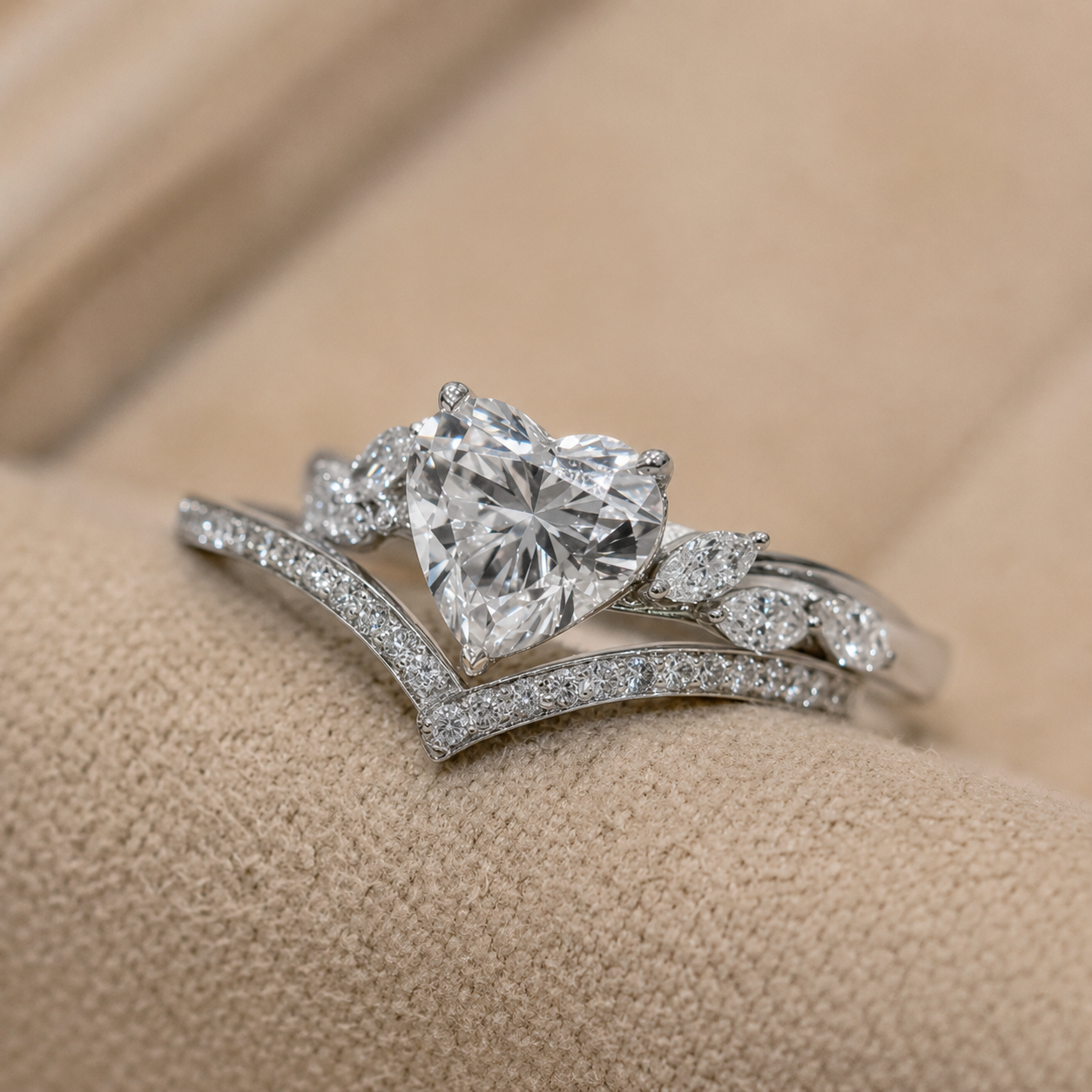 2.50 CT Heart Cut Lab-Grown Diamond 2PCS Bridal Set in 14K White Gold – Cluster Engagement Ring with V-Shaped Wedding Band