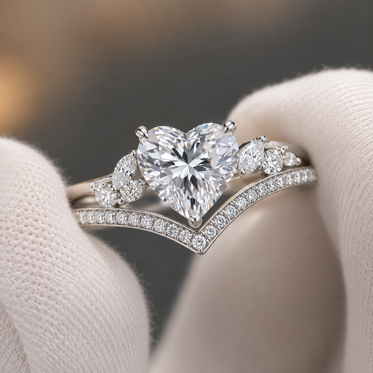 2.50 CT Heart Cut Lab-Grown Diamond 2PCS Bridal Set in 14K White Gold – Cluster Engagement Ring with V-Shaped Wedding Band