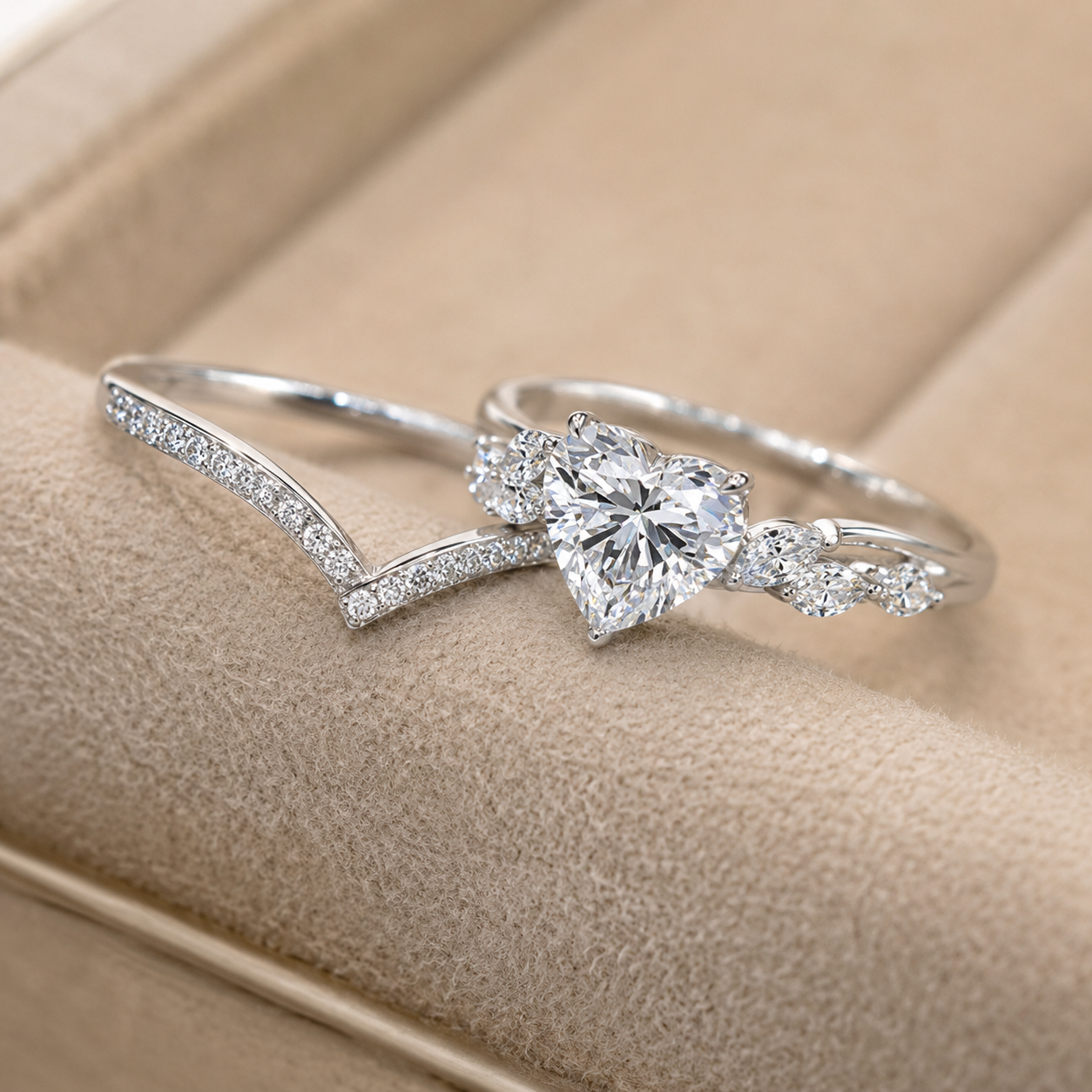 2.50 CT Heart Cut Lab-Grown Diamond 2PCS Bridal Set in 14K White Gold – Cluster Engagement Ring with V-Shaped Wedding Band