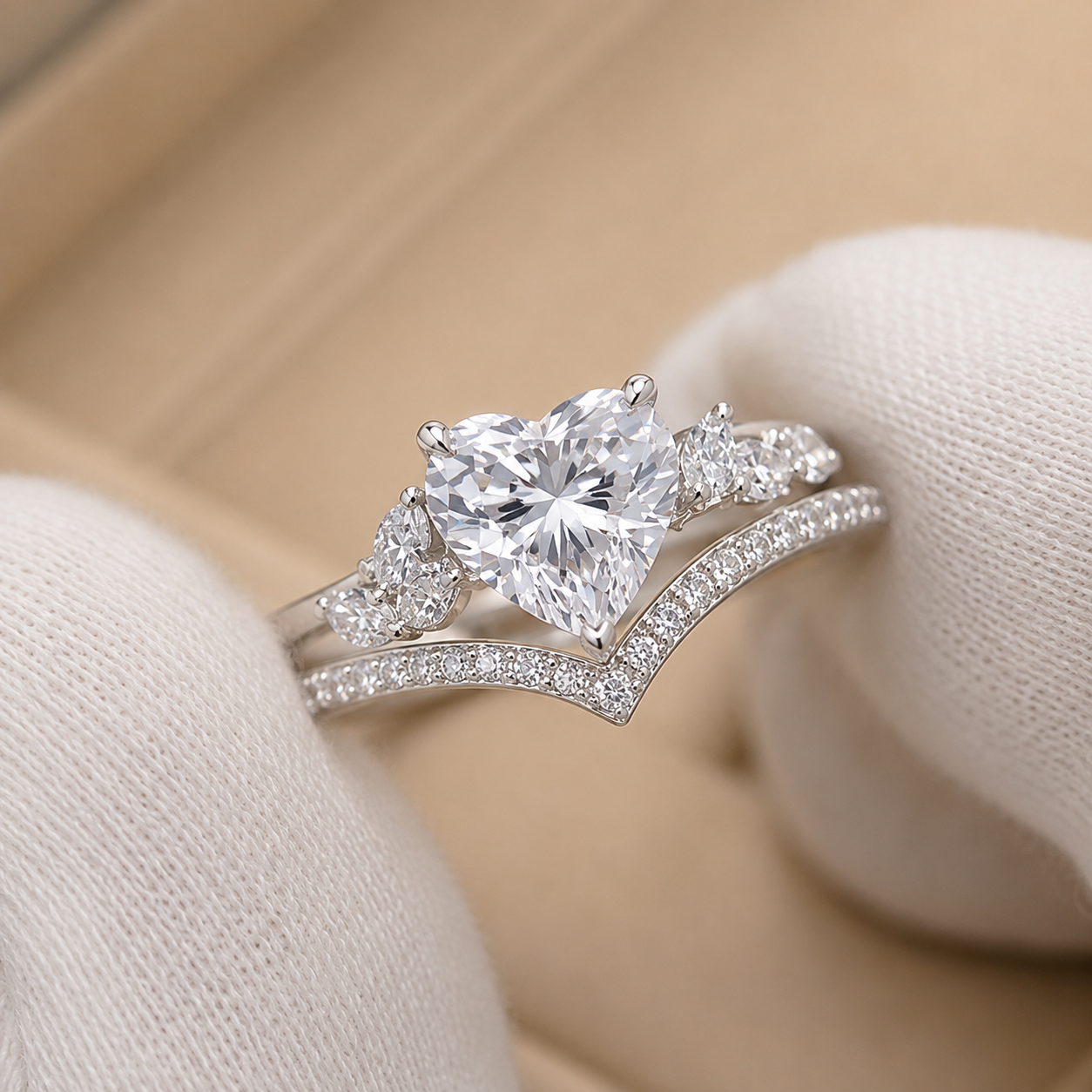 2.50 CT Heart Cut Lab-Grown Diamond 2PCS Bridal Set in 14K White Gold – Cluster Engagement Ring with V-Shaped Wedding Band