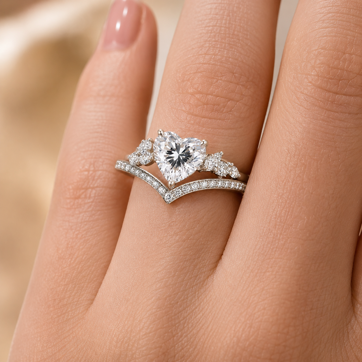 2.50 CT Heart Cut Lab-Grown Diamond 2PCS Bridal Set in 14K White Gold – Cluster Engagement Ring with V-Shaped Wedding Band