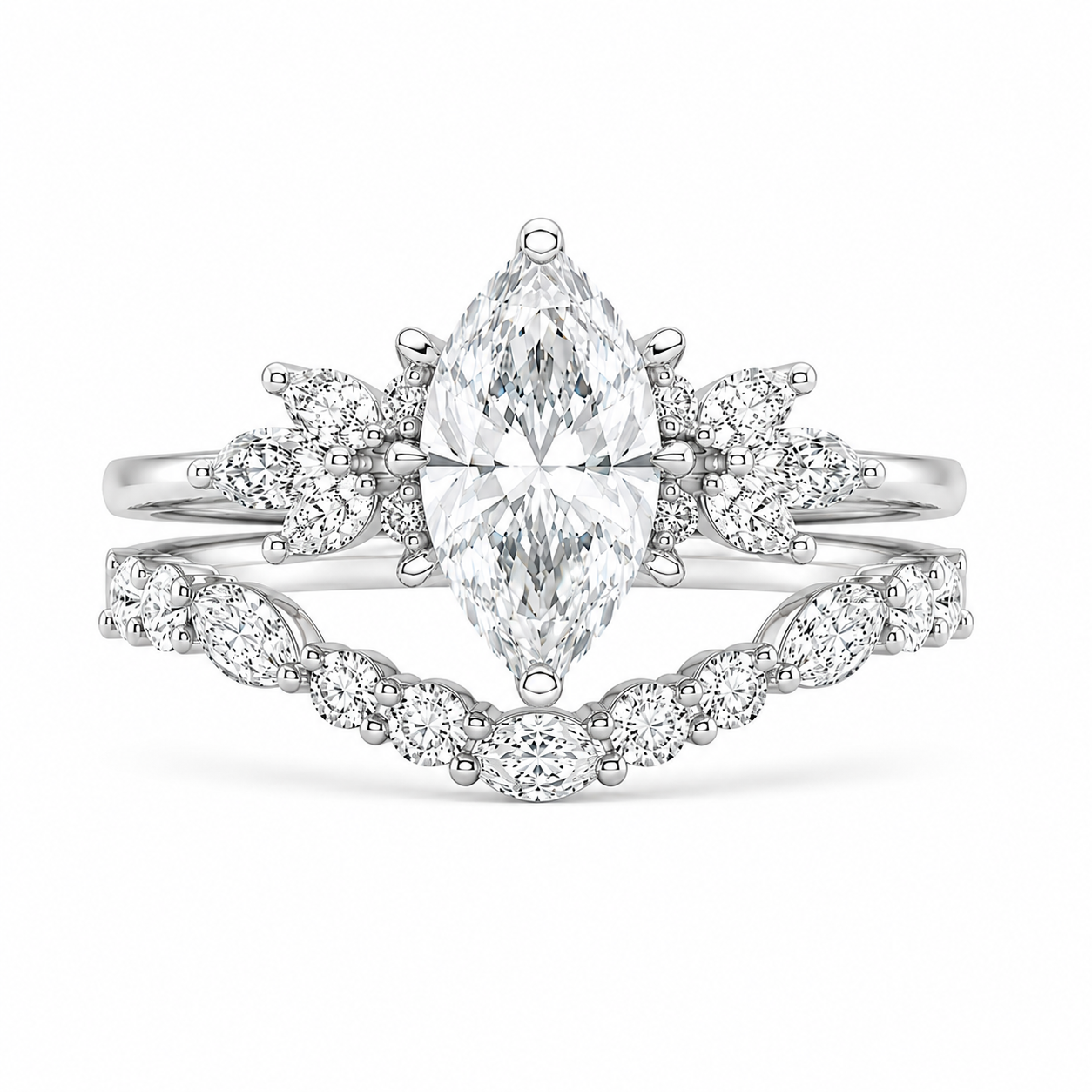 3.00 CT Marquise Lab-Grown Diamond 2PCS Bridal Set in 14K White Gold – Cluster Wedding Band Engagement Ring Design