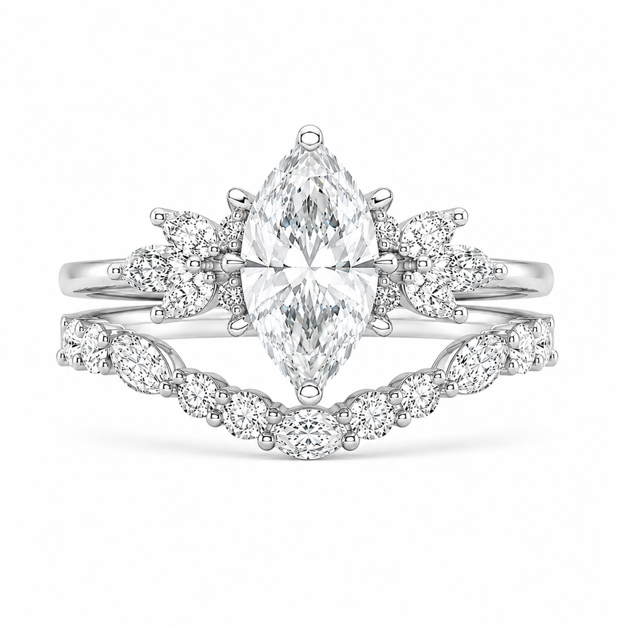 3.00 CT Marquise Lab-Grown Diamond 2PCS Bridal Set in 14K White Gold – Cluster Wedding Band Engagement Ring Design