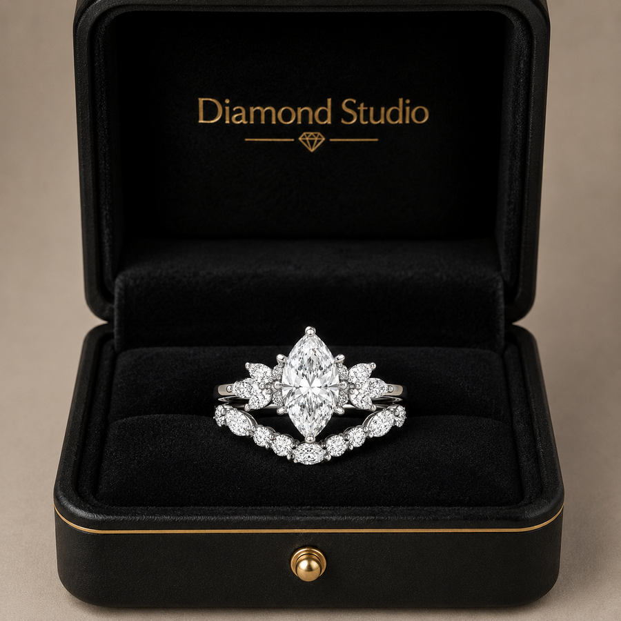 3.00 CT Marquise Lab-Grown Diamond 2PCS Bridal Set in 14K White Gold – Cluster Wedding Band Engagement Ring Design