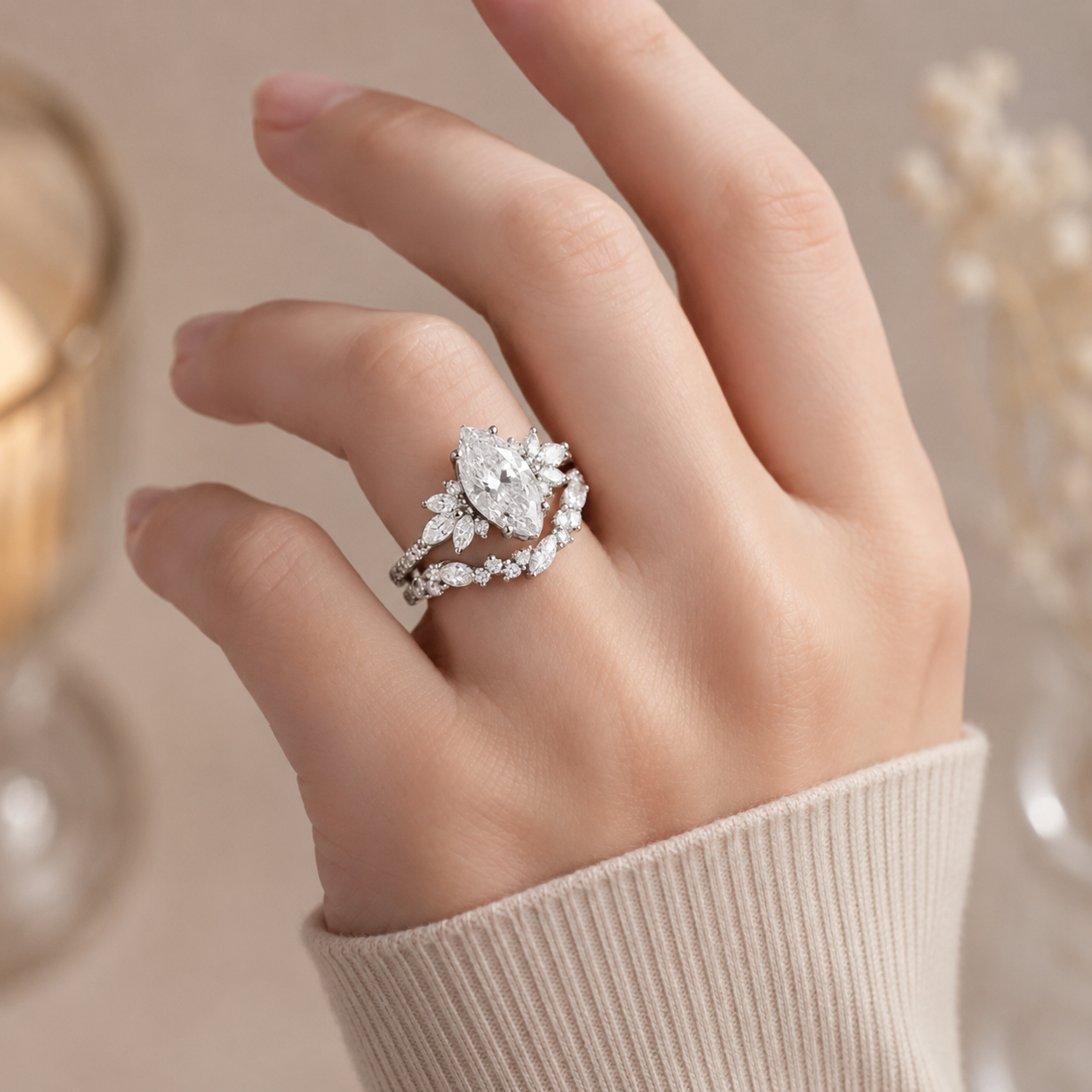 3.00 CT Marquise Lab-Grown Diamond 2PCS Bridal Set in 14K White Gold – Cluster Wedding Band Engagement Ring Design