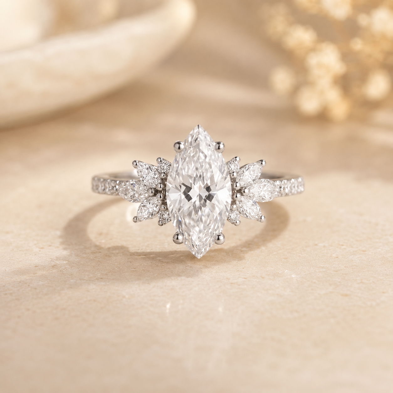 3.00 CT Marquise Lab-Grown Diamond 2PCS Bridal Set in 14K White Gold – Cluster Wedding Band Engagement Ring Design