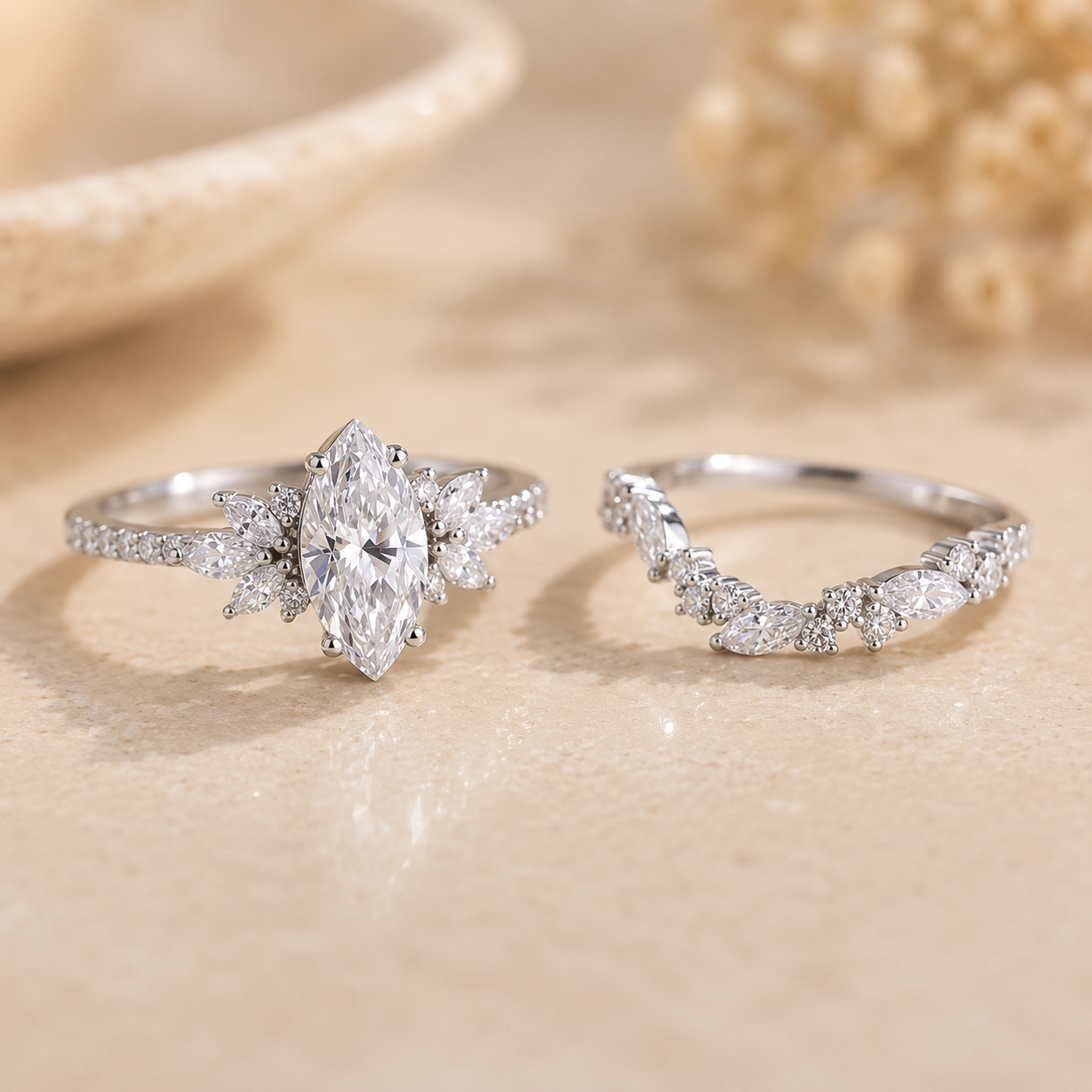 3.00 CT Marquise Lab-Grown Diamond 2PCS Bridal Set in 14K White Gold – Cluster Wedding Band Engagement Ring Design