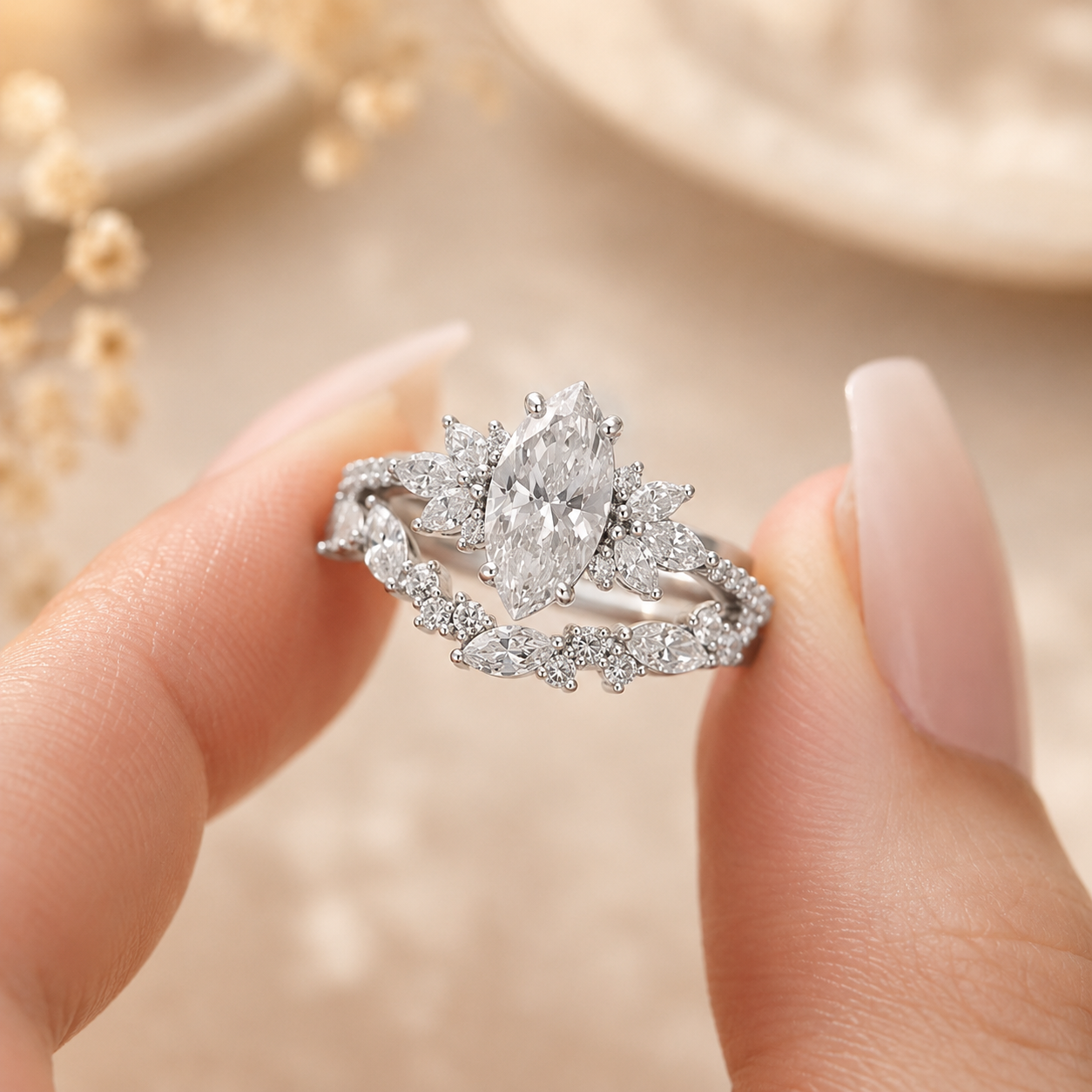 3.00 CT Marquise Lab-Grown Diamond 2PCS Bridal Set in 14K White Gold – Cluster Wedding Band Engagement Ring Design