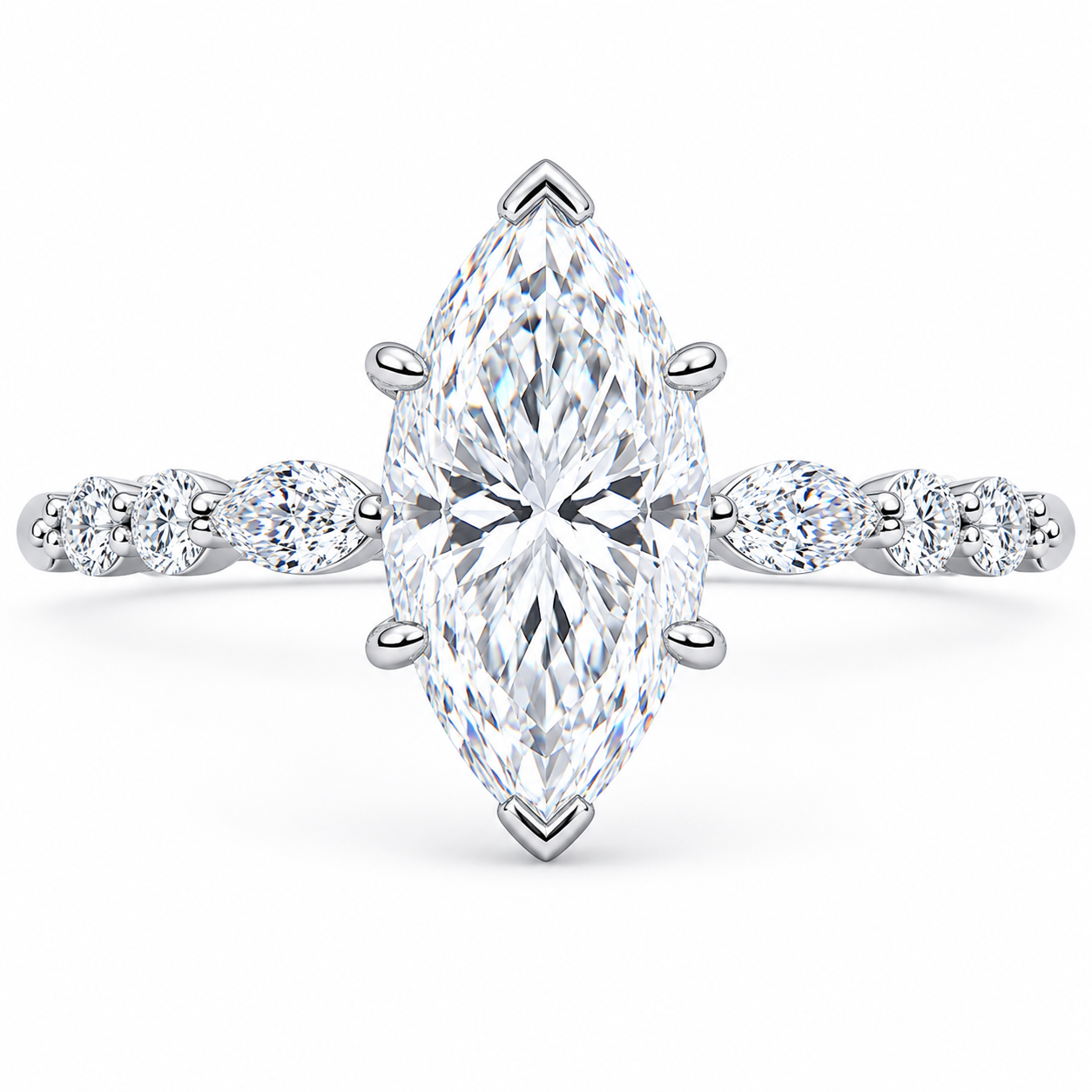 2.00 CT Marquise Lab-Grown Diamond Hidden Halo Engagement Ring in 14K White Gold – Round Accent Promise Ring Design