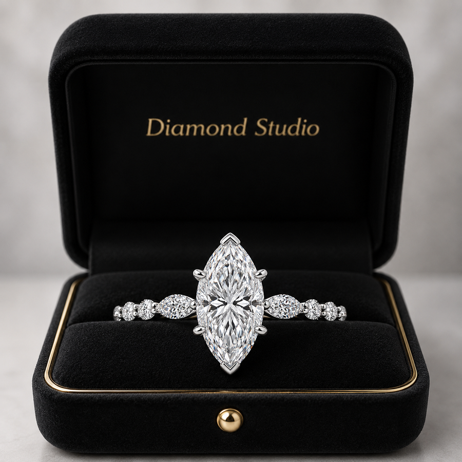 2.00 CT Marquise Lab-Grown Diamond Hidden Halo Engagement Ring in 14K White Gold – Round Accent Promise Ring Design