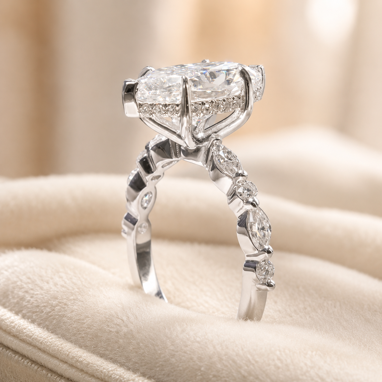 2.00 CT Marquise Lab-Grown Diamond Hidden Halo Engagement Ring in 14K White Gold – Round Accent Promise Ring Design