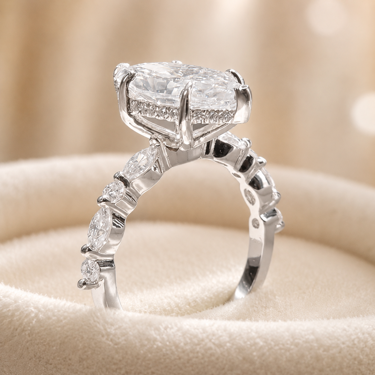 2.00 CT Marquise Lab-Grown Diamond Hidden Halo Engagement Ring in 14K White Gold – Round Accent Promise Ring Design
