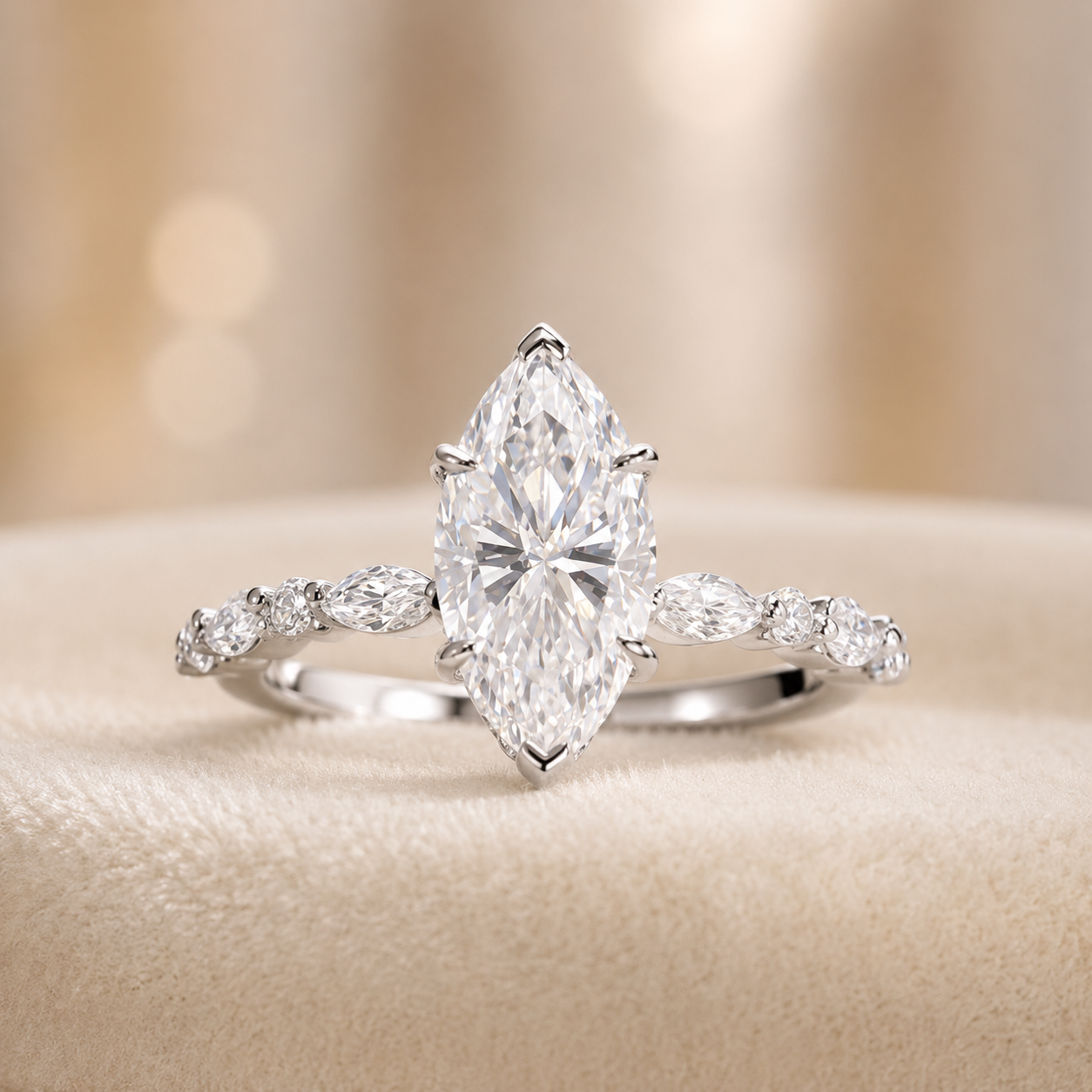 2.00 CT Marquise Lab-Grown Diamond Hidden Halo Engagement Ring in 14K White Gold – Round Accent Promise Ring Design
