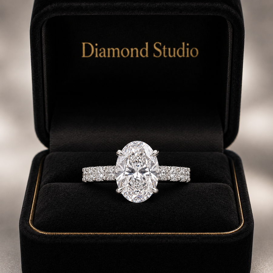 4.00 CT Oval Lab-Grown Diamond Hidden Halo Engagement Ring in 14K White Gold – Pavé Statement Design | IGI Certified