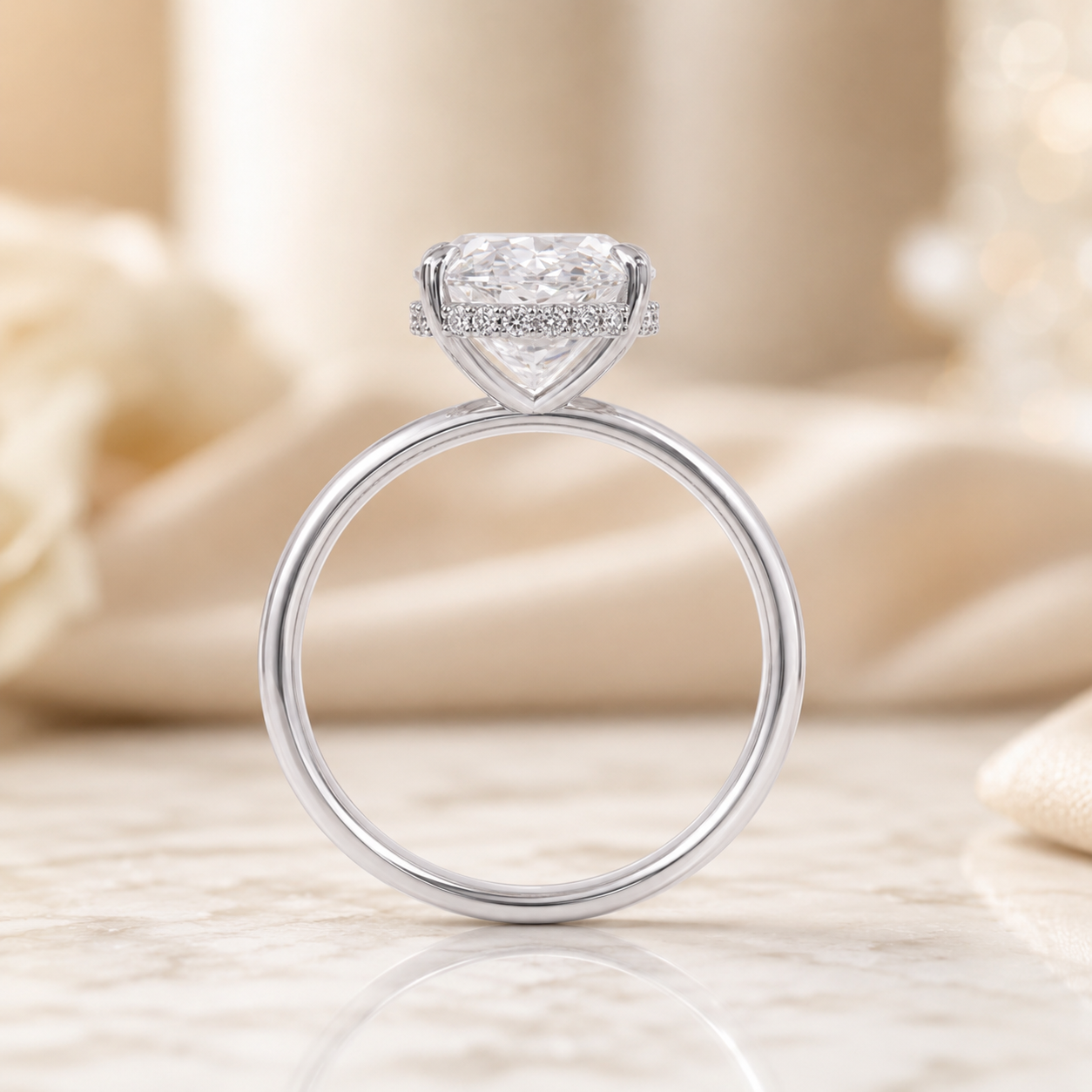 3.61 CT Oval Lab-Grown Diamond Hidden Halo Engagement Ring in 14K White Gold – Thin Band Solitaire Design