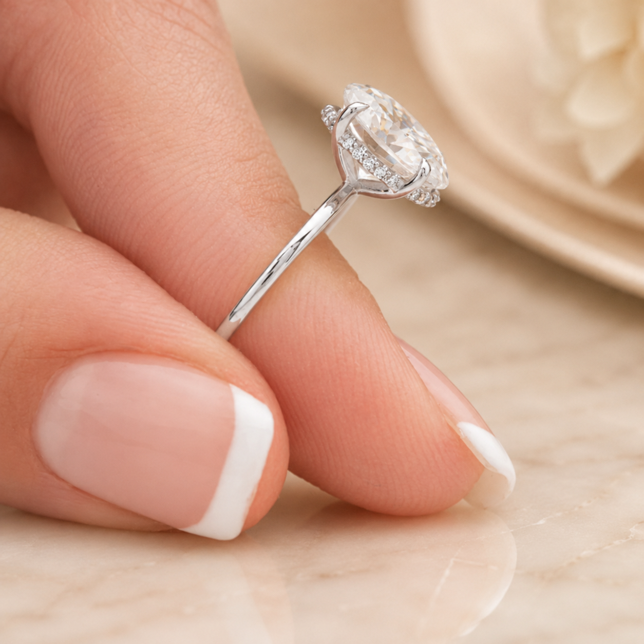 3.61 CT Oval Lab-Grown Diamond Hidden Halo Engagement Ring in 14K White Gold – Thin Band Solitaire Design