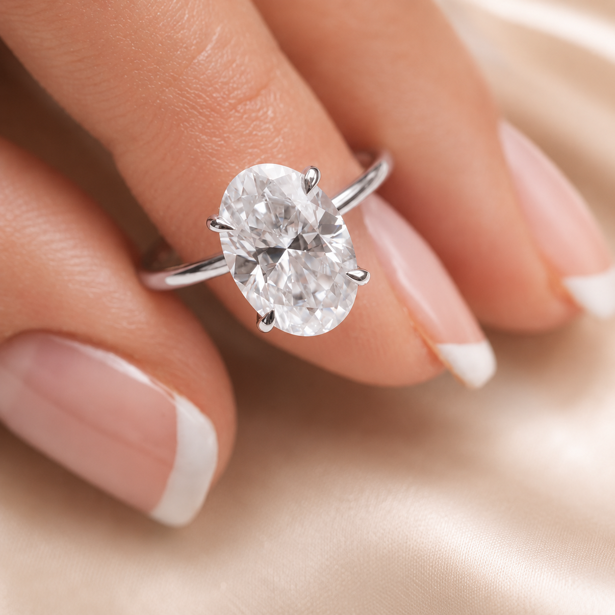 3.61 CT Oval Lab-Grown Diamond Hidden Halo Engagement Ring in 14K White Gold – Thin Band Solitaire Design