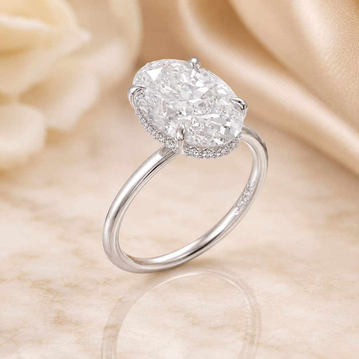 3.61 CT Oval Lab-Grown Diamond Hidden Halo Engagement Ring in 14K White Gold – Thin Band Solitaire Design