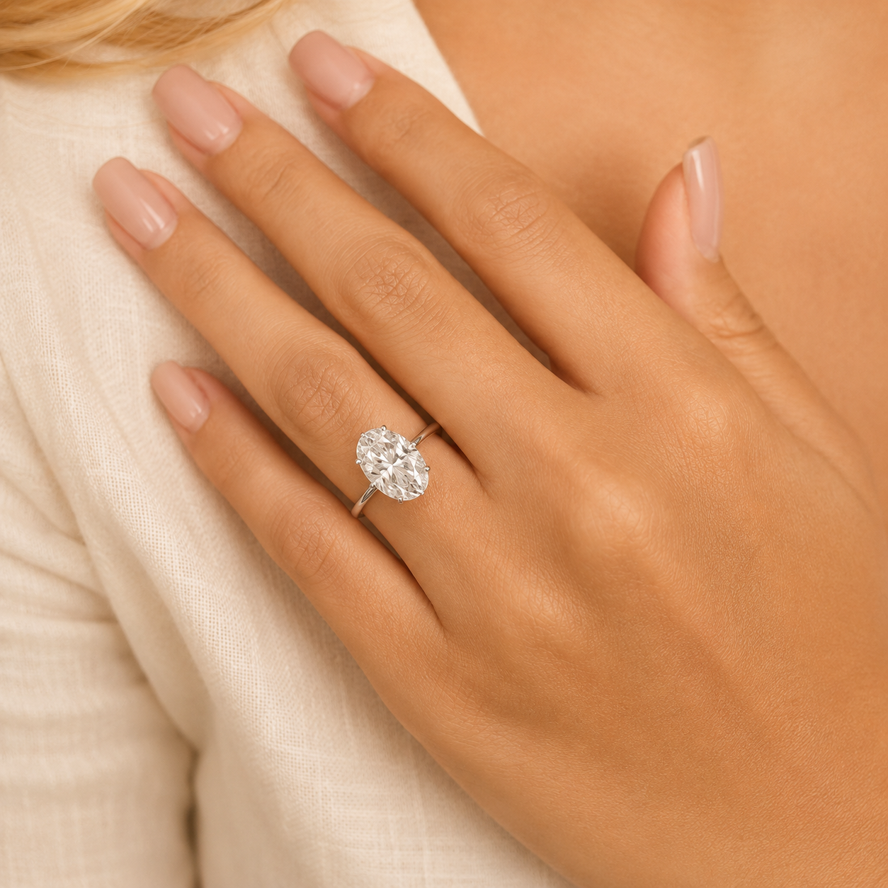 3.61 CT Oval Lab-Grown Diamond Hidden Halo Engagement Ring in 14K White Gold – Thin Band Solitaire Design
