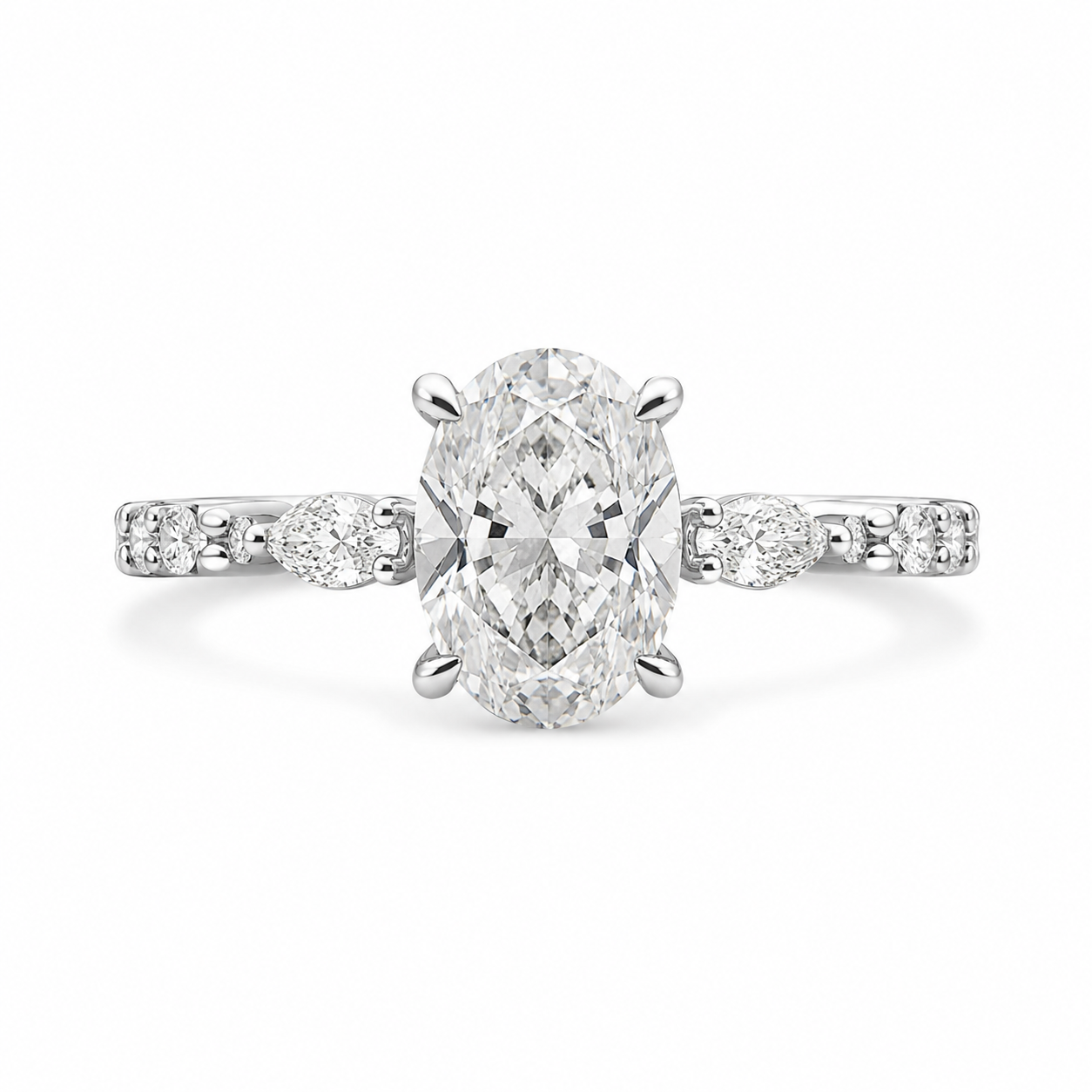 3.00 CT Oval Lab-Grown Diamond Hidden Halo Engagement Ring in 14K White Gold – Marquise Pavé Half Eternity Design