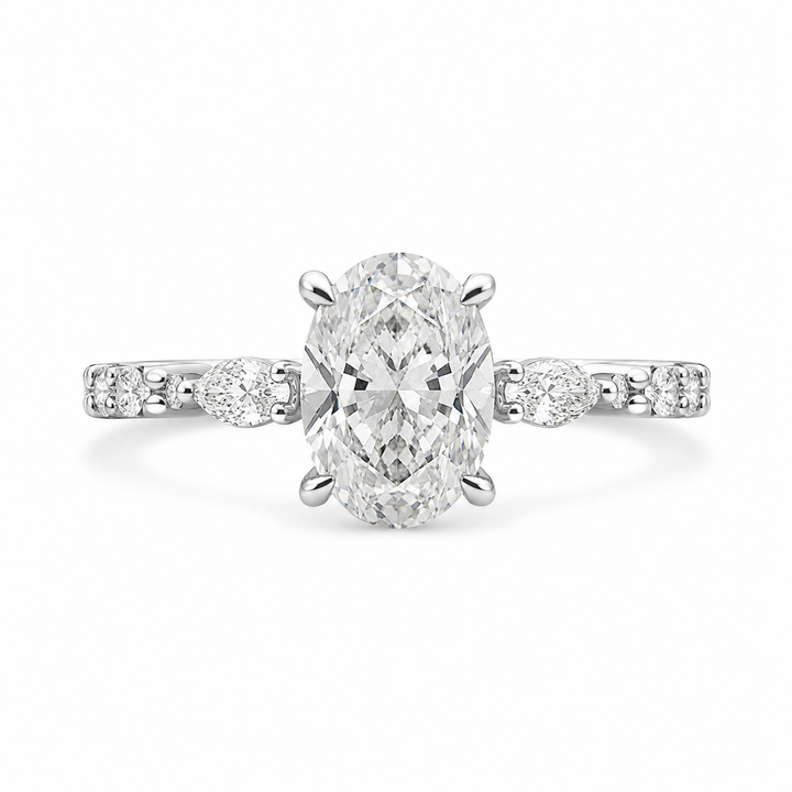 3.00 CT Oval Lab-Grown Diamond Hidden Halo Engagement Ring in 14K White Gold â€“ Marquise PavÃ© Half Eternity Design from Diamond Studio