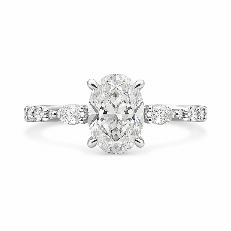 3.00 CT Oval Lab-Grown Diamond Hidden Halo Engagement Ring in 14K White Gold – Marquise Pavé Half Eternity Design