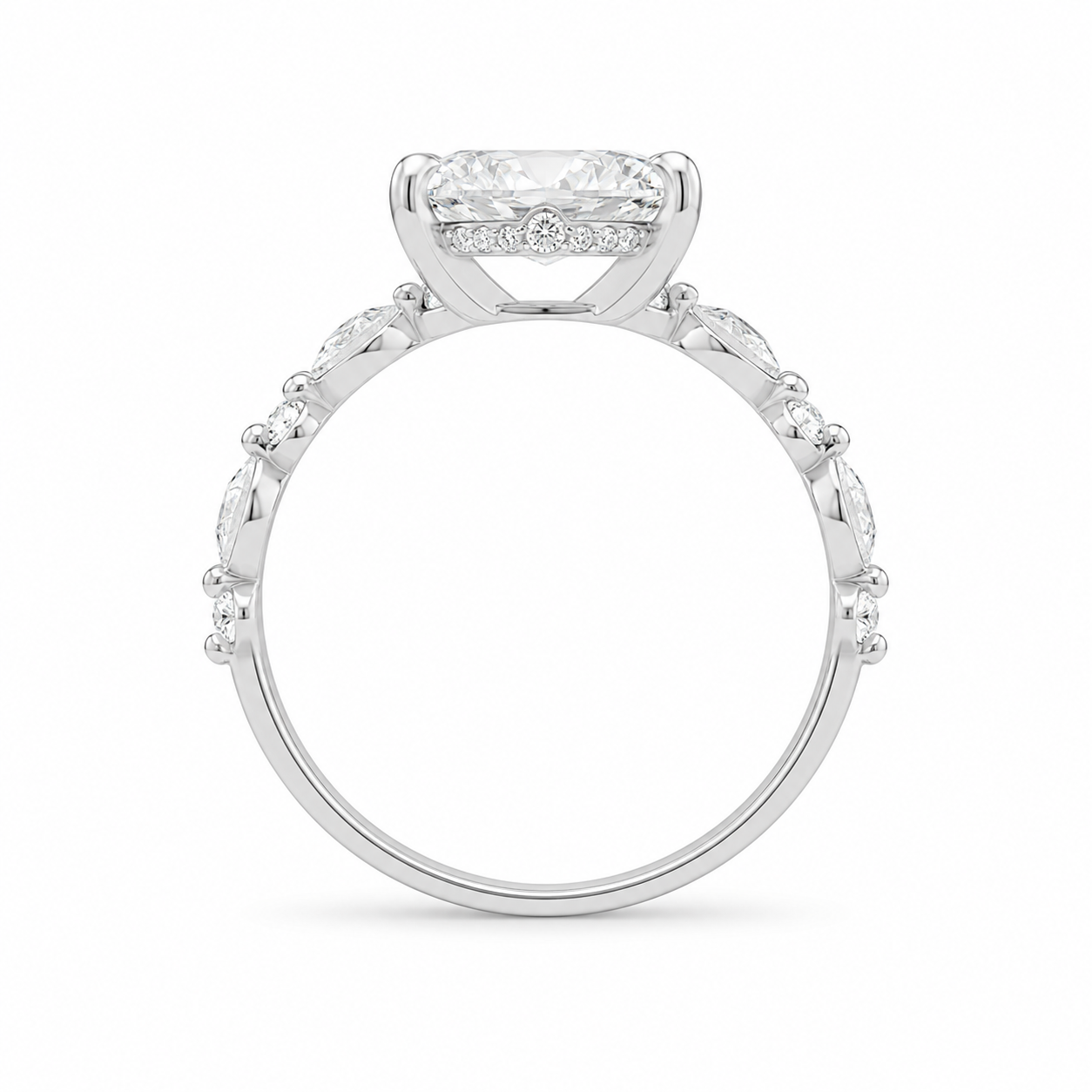 3.00 CT Oval Lab-Grown Diamond Hidden Halo Engagement Ring in 14K White Gold – Marquise Pavé Half Eternity Design