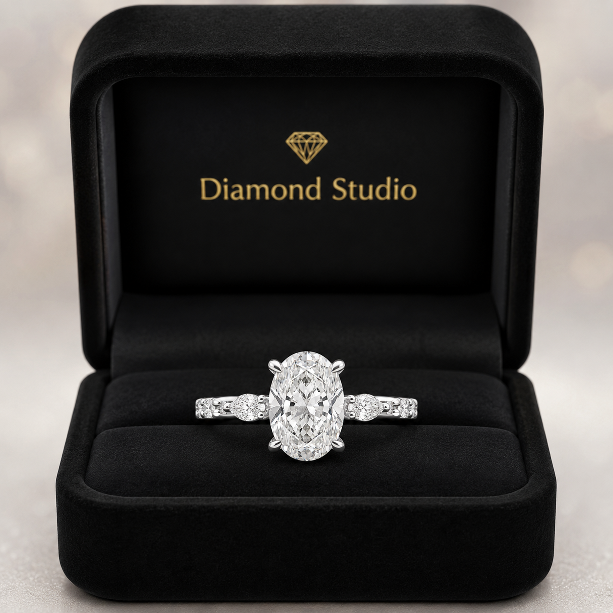 3.00 CT Oval Lab-Grown Diamond Hidden Halo Engagement Ring in 14K White Gold – Marquise Pavé Half Eternity Design
