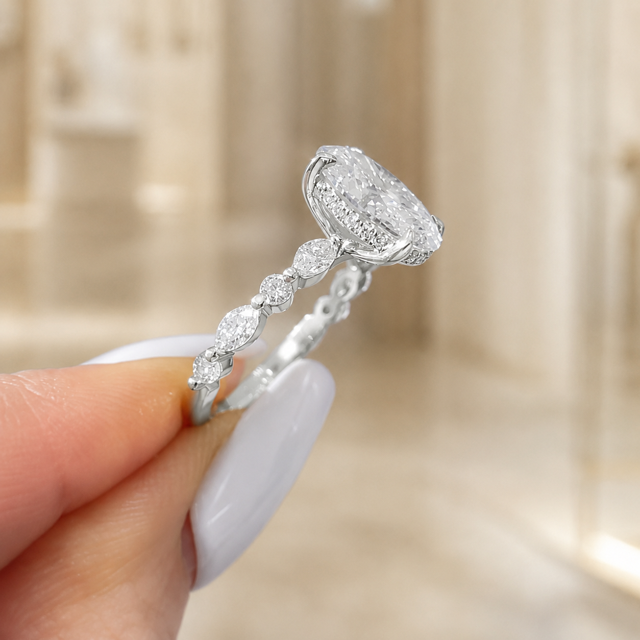 3.00 CT Oval Lab-Grown Diamond Hidden Halo Engagement Ring in 14K White Gold – Marquise Pavé Half Eternity Design