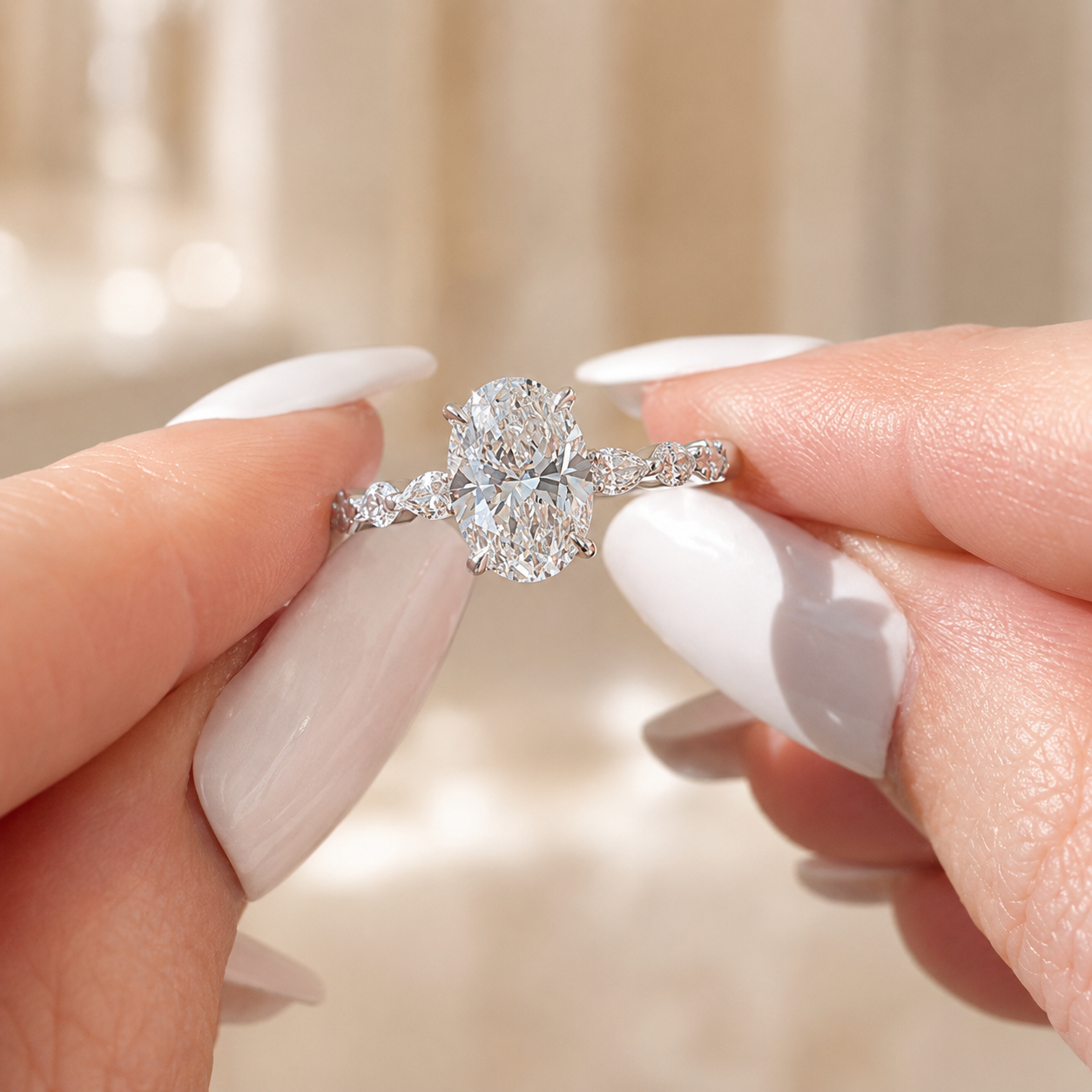 3.00 CT Oval Lab-Grown Diamond Hidden Halo Engagement Ring in 14K White Gold – Marquise Pavé Half Eternity Design