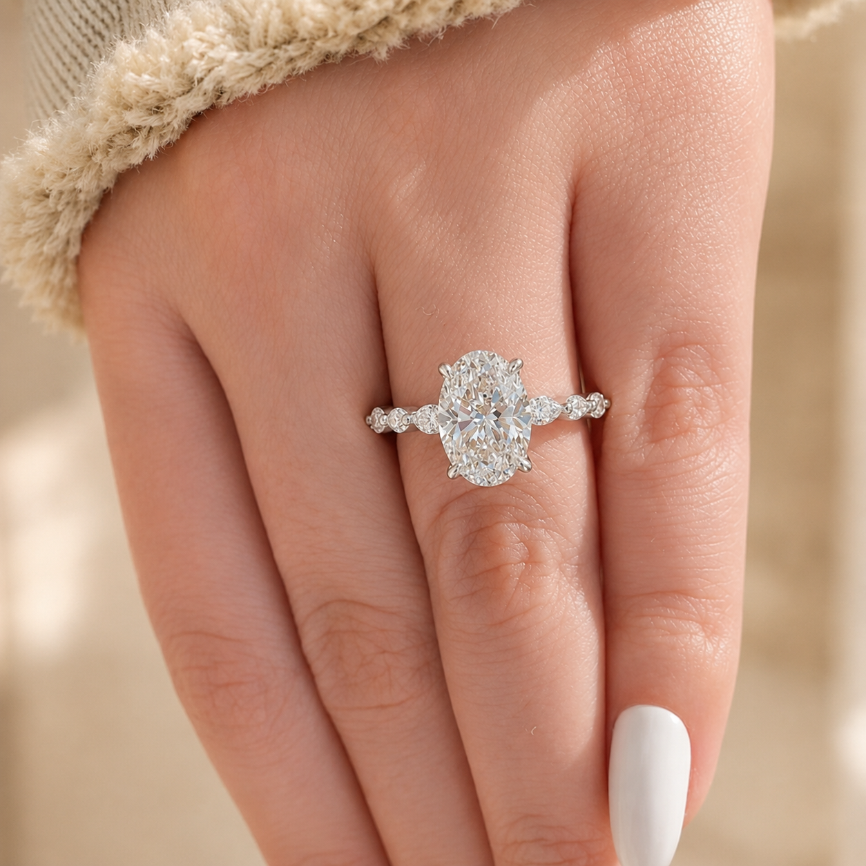 3.00 CT Oval Lab-Grown Diamond Hidden Halo Engagement Ring in 14K White Gold – Marquise Pavé Half Eternity Design