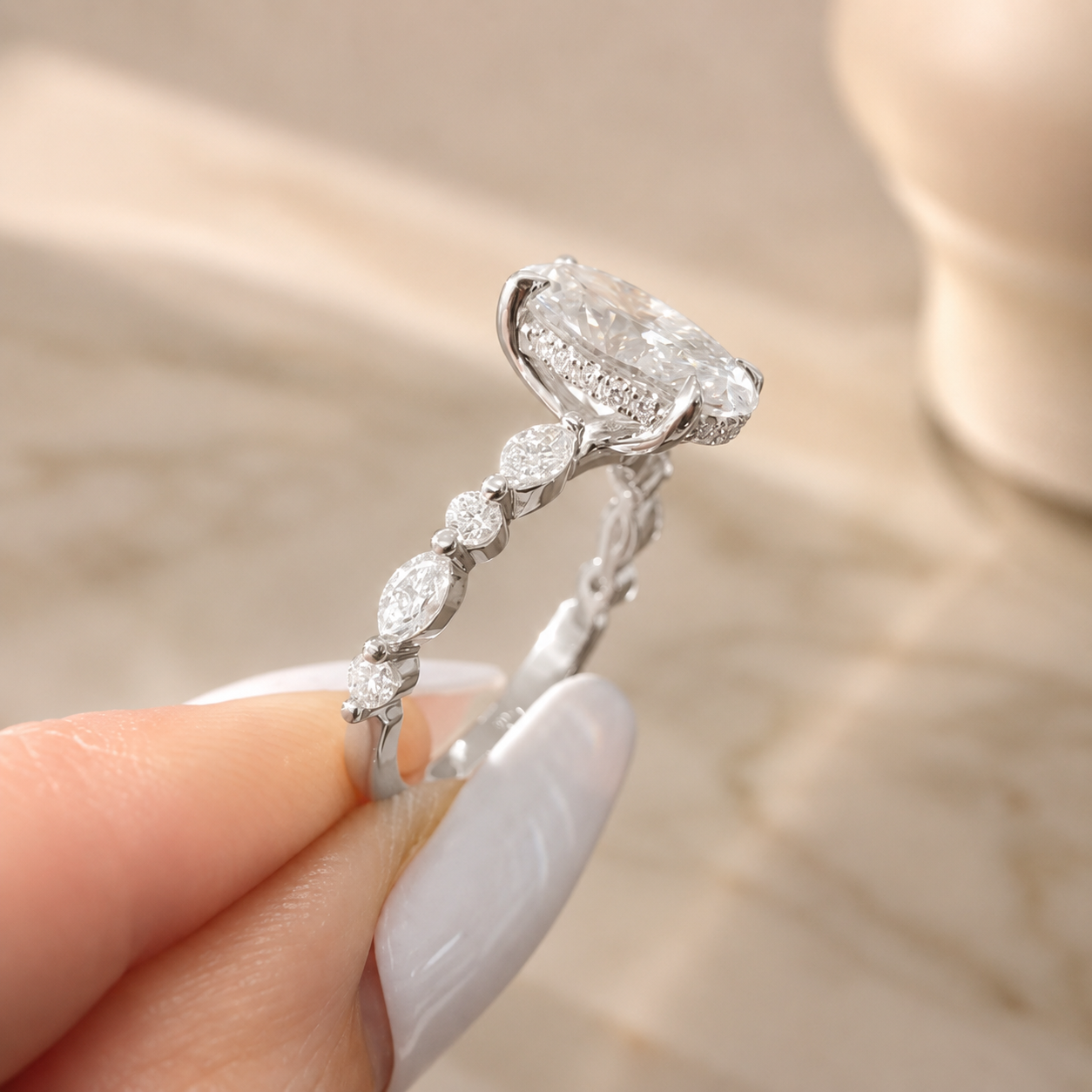 3.00 CT Oval Lab-Grown Diamond Hidden Halo Engagement Ring in 14K White Gold – Marquise Pavé Half Eternity Design