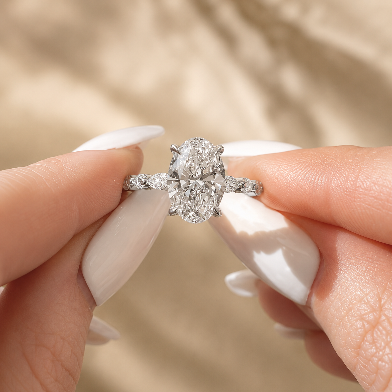 3.00 CT Oval Lab-Grown Diamond Hidden Halo Engagement Ring in 14K White Gold – Marquise Pavé Half Eternity Design